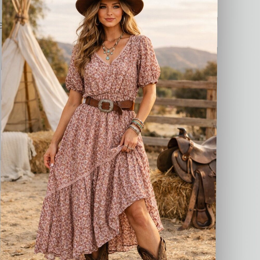Sundance Boho Floral Printed V-Neck Midi Dress Size PM